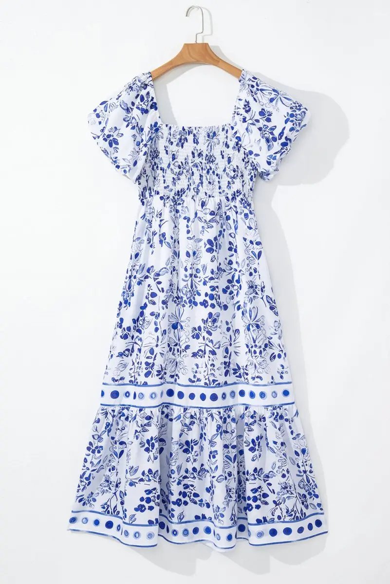 Sky Blue Floral Print Square Neck Bubble Sleeve Dress - Love Salve